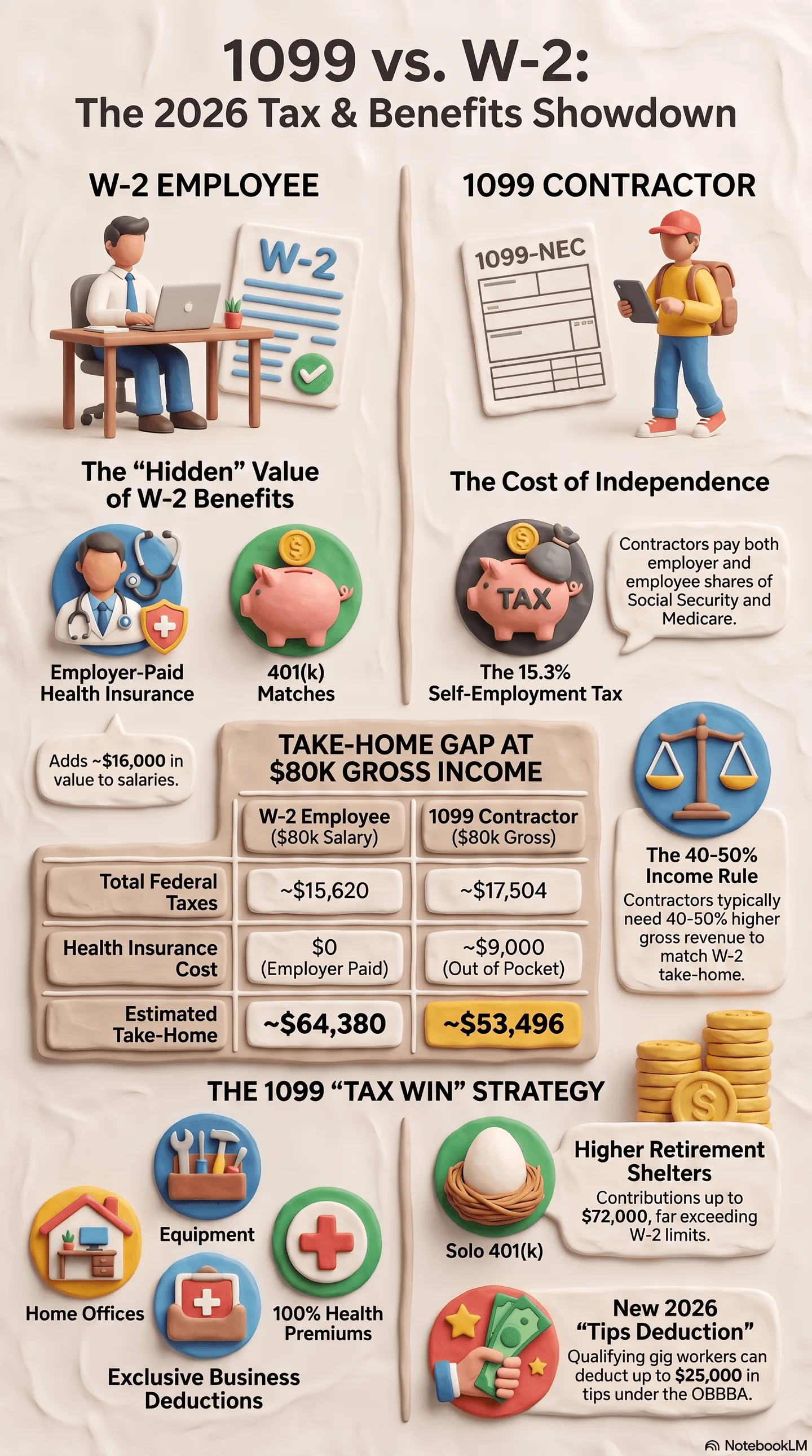 Infographic comparing 1099 independent contractors and W-2 employees for the 2026 tax year, detailing tax differences, benefits, take-home pay gaps at an $80K gross income, and 1099 tax-saving write-off strategies.