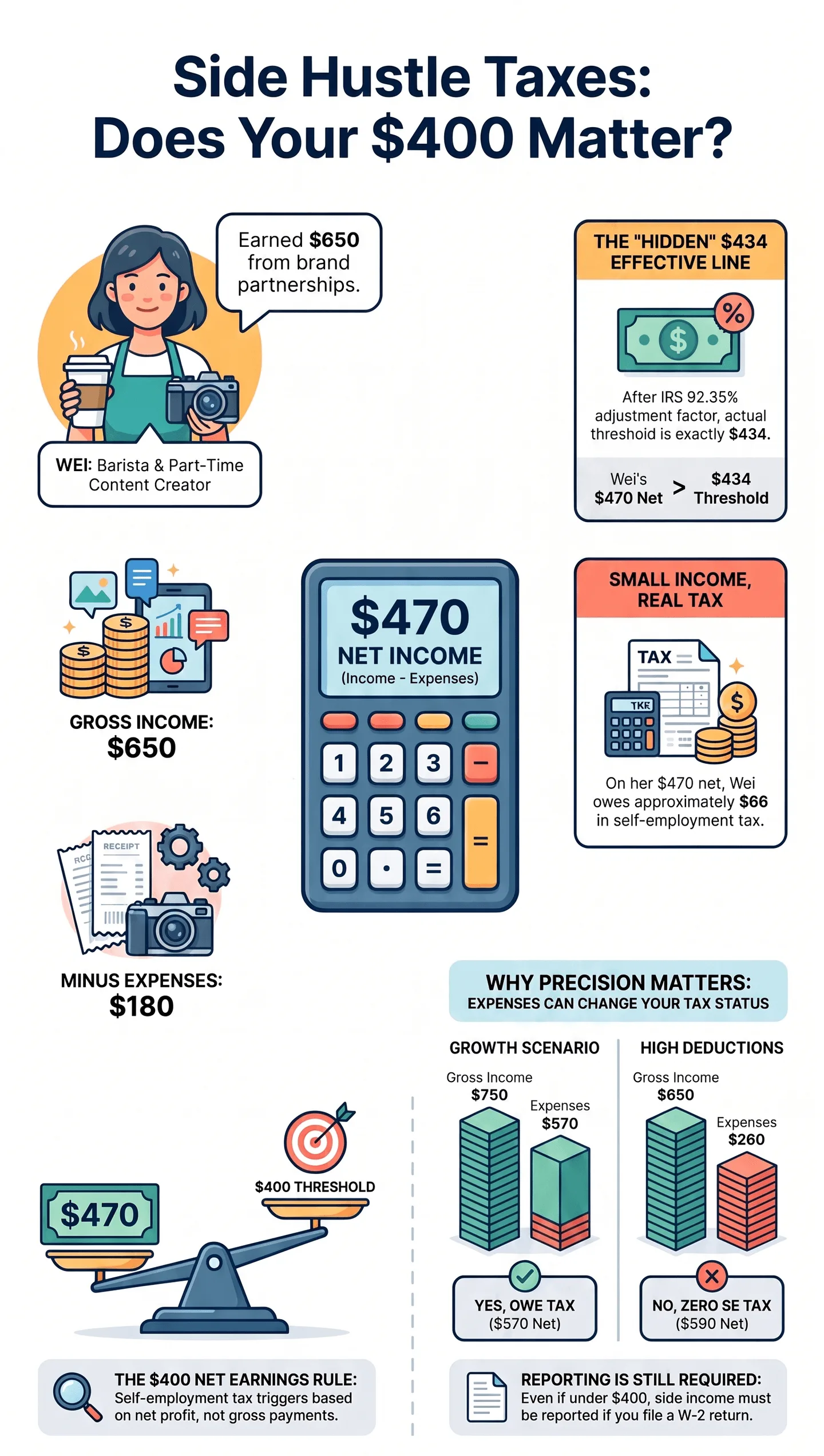 nfographic explaining US side‑hustle self‑employment tax rules for gig workers, content creators and part‑time influencers, illustrating the $400 net income tax threshold example with $650 gross income, $180 business expenses, $470 net income, tax calculator, balance scale and comparison charts