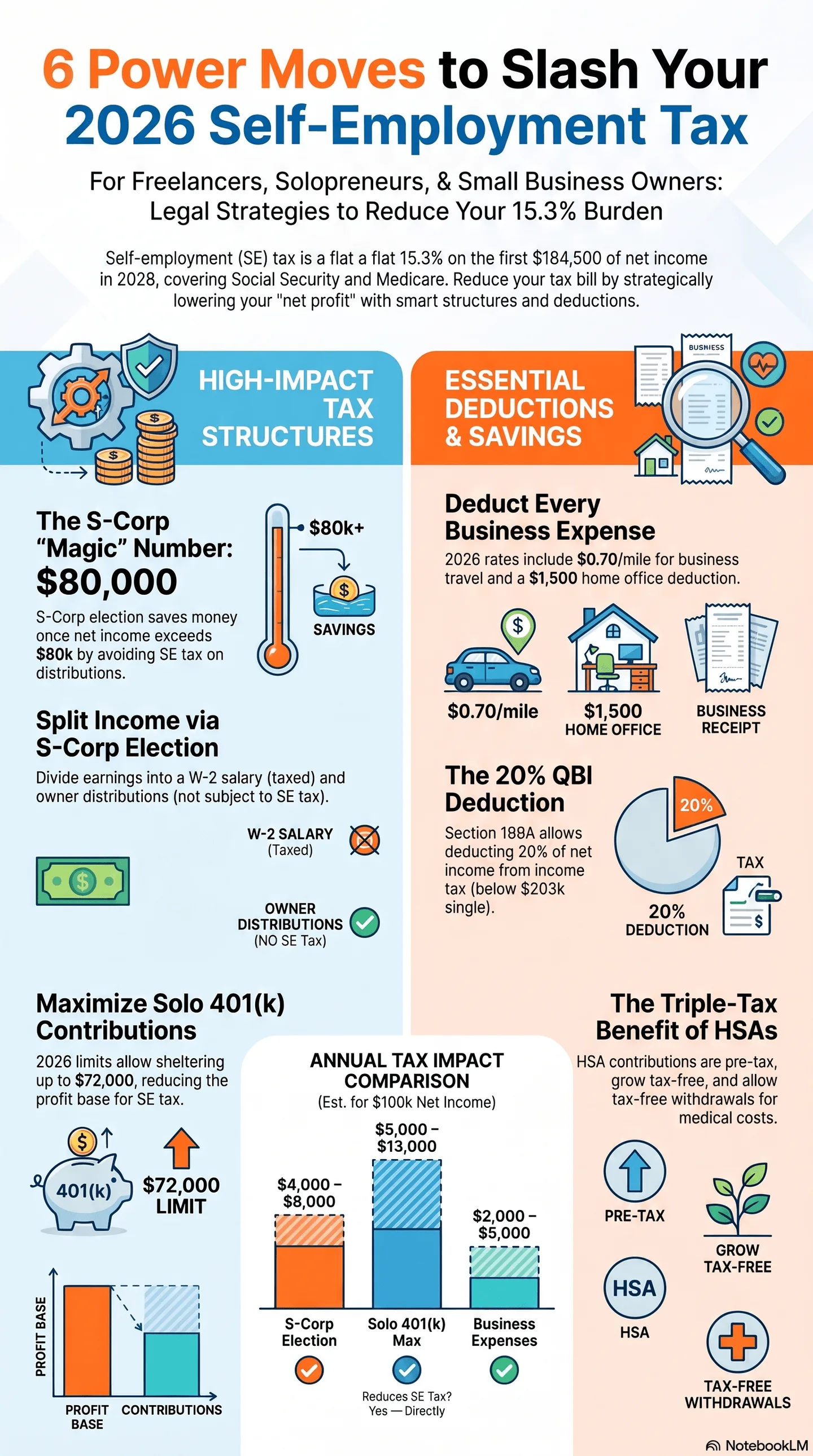 Slash_2026_Self-Employment_Taxes Infographic titled "6 Power Moves to Slash Your 2026 Self-Employment Tax," detailing legal strategies for freelancers and small business owners such as S-Corp elections, 20% QBI deductions, business mileage rates, Solo 401(k) contributions, and HSA benefits.