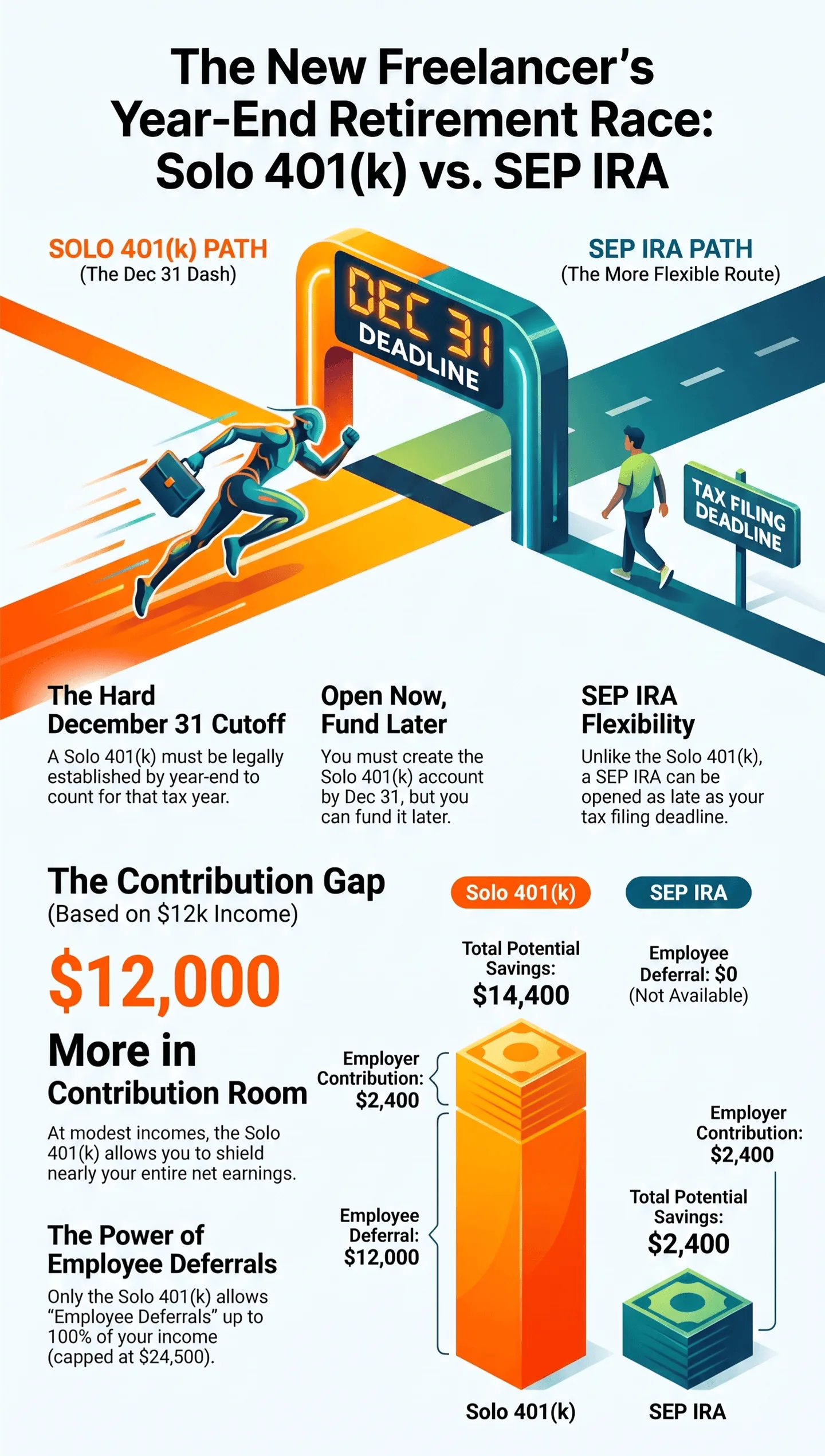 Infographic for new freelancers comparing Solo 401(k) versus SEP‑IRA year‑end retirement plans, showing December 31 deadline, contribution gap, maximum contribution amounts and route flexibility.