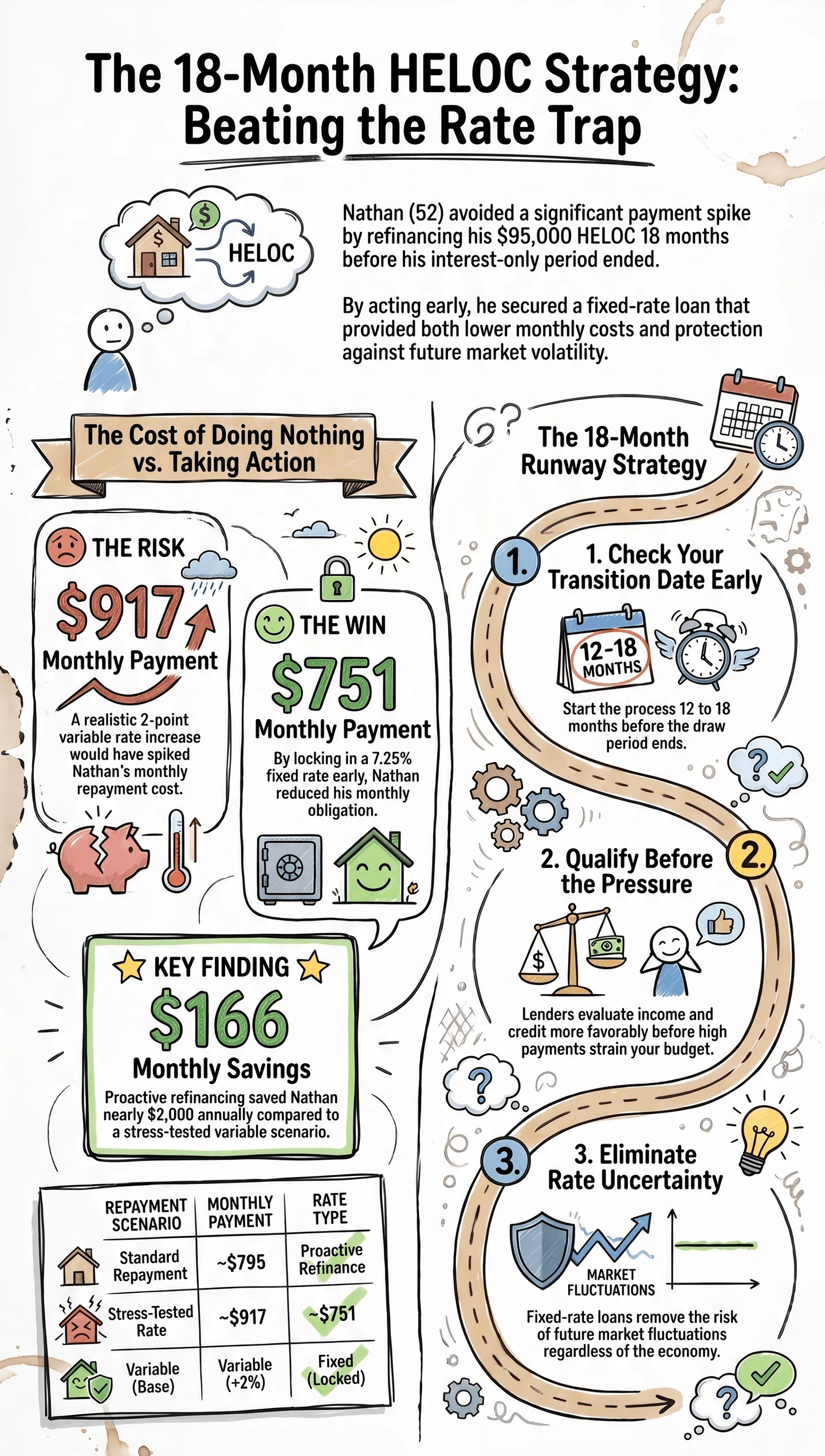 The_18-Month_HELOC_Strategy Illustrated infographic titled The 18-Month HELOC Strategy: Beating the Rate Trap, comparing monthly payment risks, savings opportunities, and a three-step runway plan for HELOC interest rate risk management
