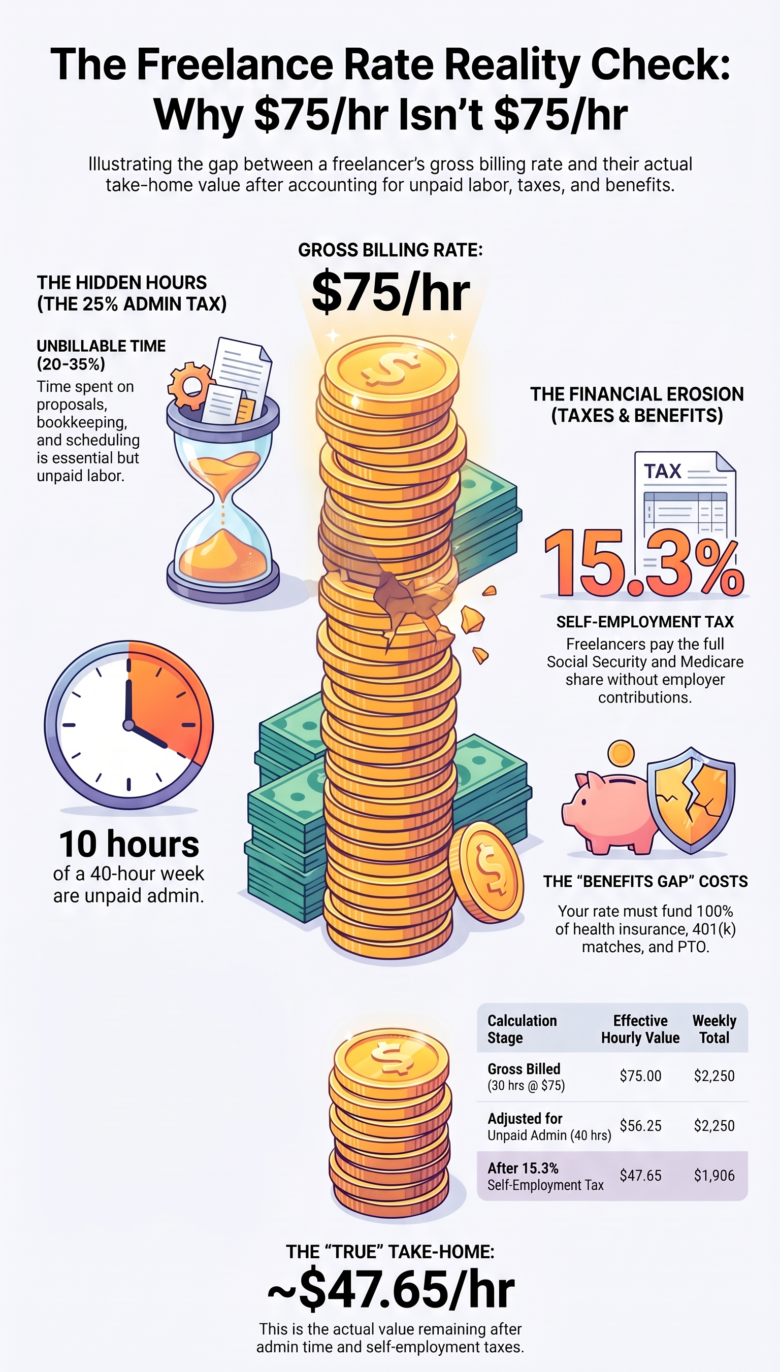 Infographic: The Freelance Rate Reality Check: Why $75/hr Isn’t $75/hr. Explains how a $75 per hour freelance billing rate drops to ~$47.65 take-home income after unpaid admin hours, 15.3% self-employment tax and benefit expenses, with coin stack graphics and calculation table.
